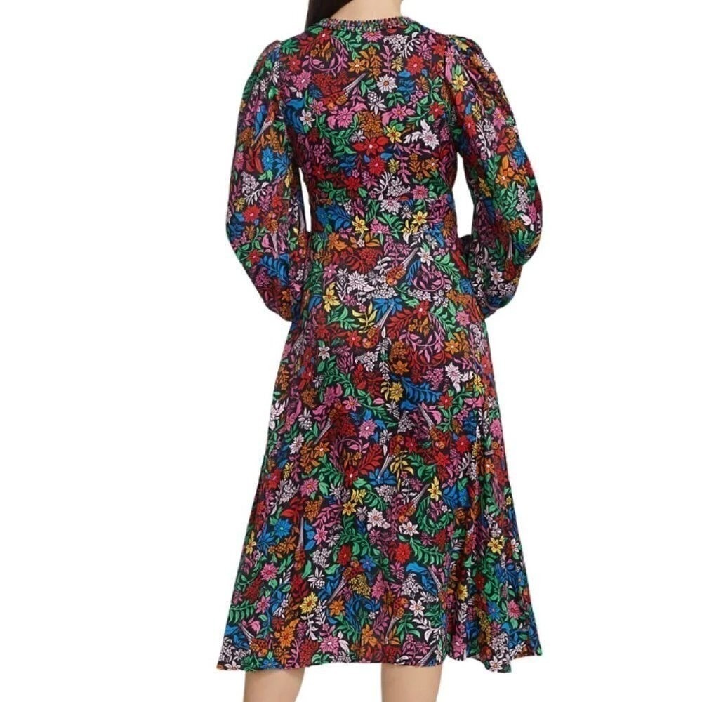 Farm Rio Black Mixed Prints Floral Birds Midi Dress V-Neck Balloon Sleeve Size L - Picture 15 of 16